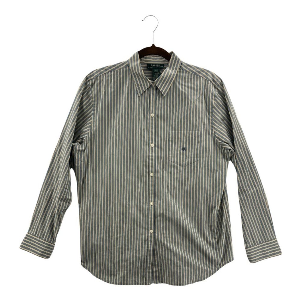 LRL Ralph Lauren Mens Button Front Shirt Green Beige Stripe Long Sleeve Pocket L